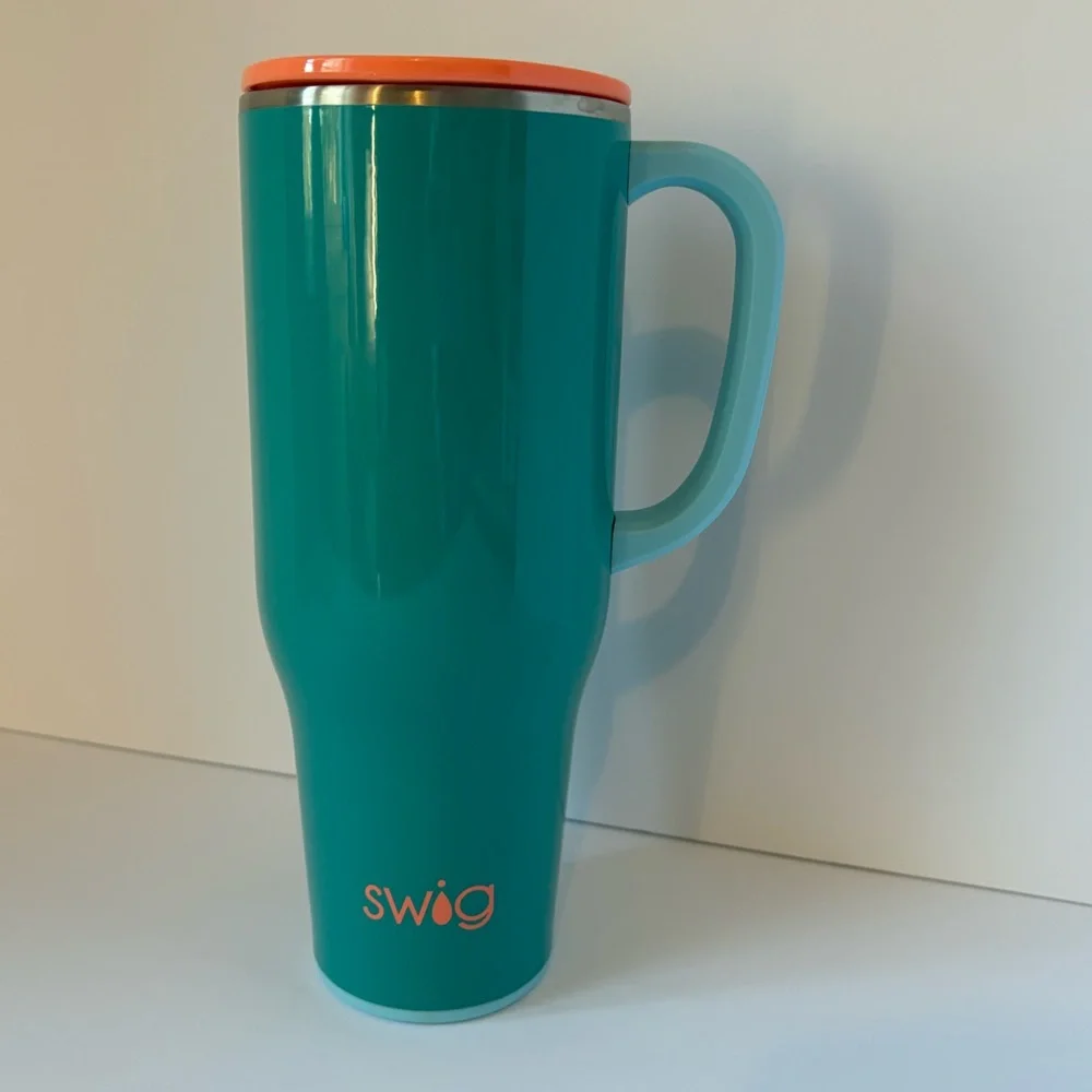 Swig Life Mega Mug with Handle Insulated Tumbler Lid Straw 40 oz Teal Coral EUC - Picture 8 of 16
